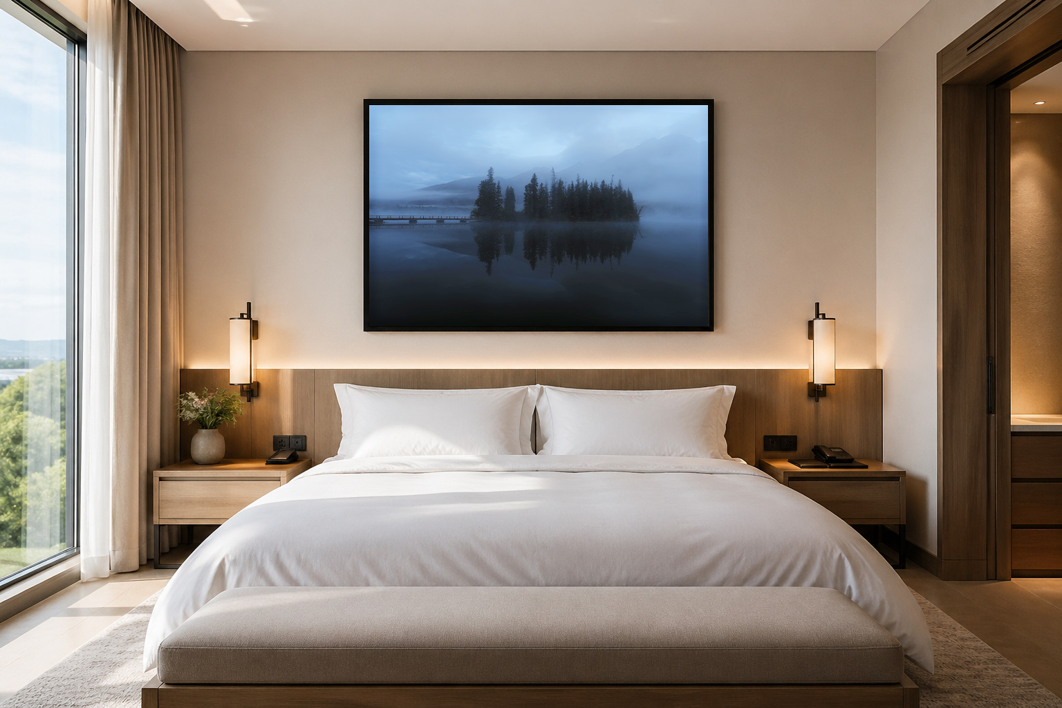 Foggy lake Canada framed art in modern hotel bedroom by Dan Sproul